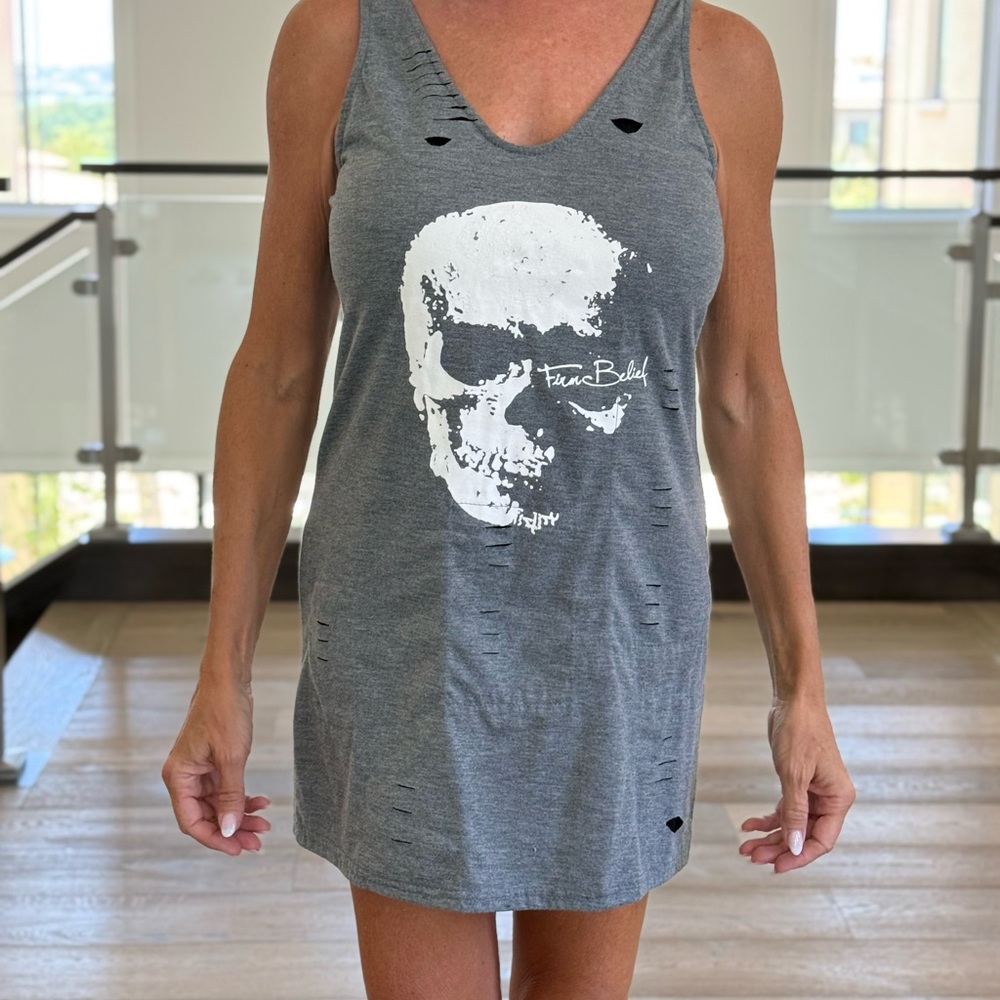 Gray Tank Dress with Skull Graphic